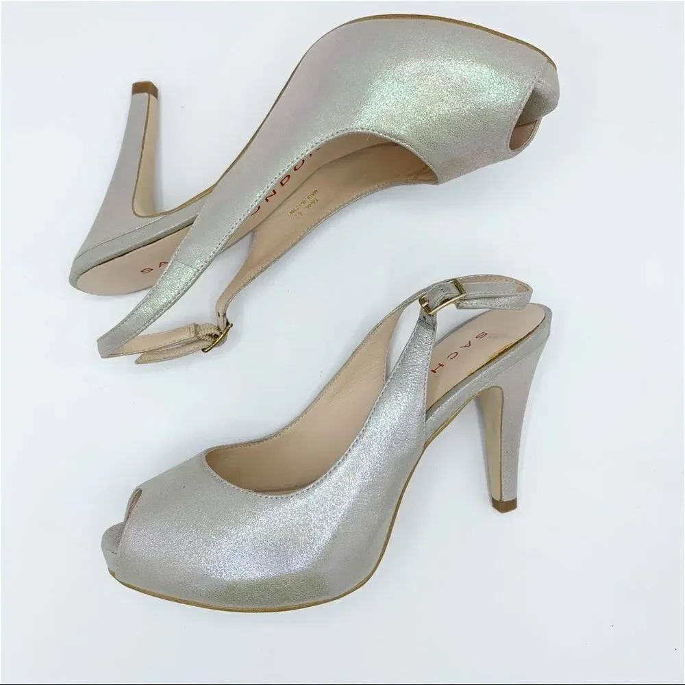 Lulu Townsend‎ Tara Iridescent Silver Sling Back Peep Toe Platform Evening Heels